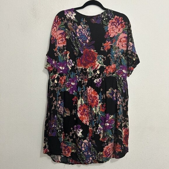 Andree By Unit Black Pink Floral Babydoll Dress Size 1X Short Sleeve V Neck - Picture 8 of 11